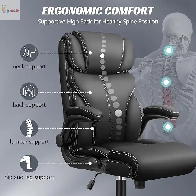 Office Chair, Ergonomic Big And Tall Computer Desk Chairs, Executive Breathable Leather Chair With Adjustable High Back Flip-up Armrests, Lumbar Support Swivel PC Chair With Rocking Function My Store